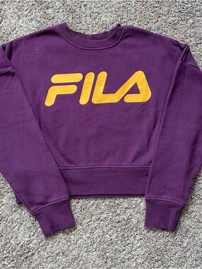 Fila Sweatshirt Women Burgundy/Purple & Yellow Crop Pullover Long Sleeve SMALL